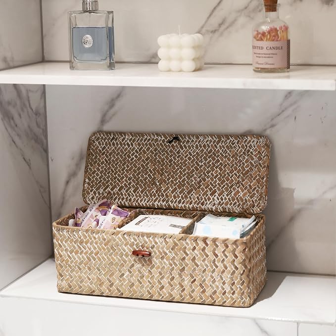 Seagrass Storage Basket with Lid Rectangular Small Woven Shelf Baskets with Sections for Organize Snack Toys Whitewash - Image 7