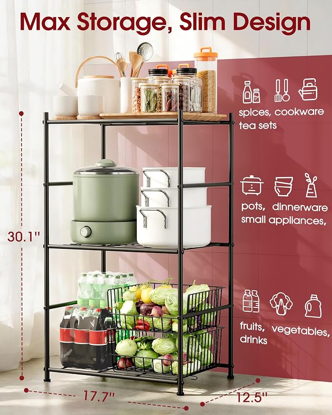 Sakugi 3-Tier Metal Storage Shelves - Space-Saving Shelf Organizer for Small Spaces, Compact Shelving Unit with Adjustable Feet for Kitchen, Garage, Laundry Room (17.7" x 12.5" x 30.1", Black) - Image 3