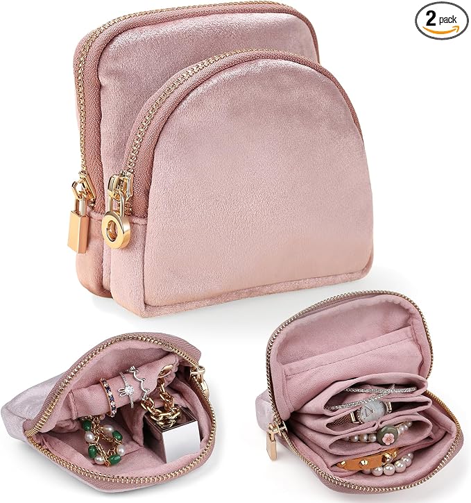 Small Travel Jewelry Case Set 2-in-1 Detachable Velvet Pouches, Portable Jewelry Organizer Bag for Rings Earrings Bracelets, Gift Box for Women (Blush Pink) by Lumayina