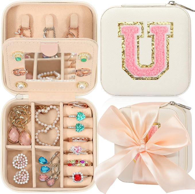 CHMI Travel Jewelry Case, White Jewelry Box, Jewelry Organizer - Travel Gifts for Women & Girls, Birthday & Christmas Gifts - Initial U by CHMI