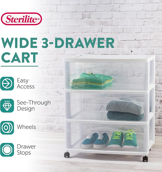 Sterilite Wide 3 Drawer Storage Cart, Plastic Organizer with Wheels, White - Multipurpose Bin for Clothes, Accessories, or Home Accessories - Image 4