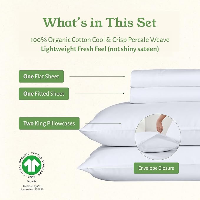 California Design Den California King Sheets Set - Soft 100% Organic Cotton Sheets with Deep Pockets, Crisp Percale, Breathable and Durable Bedding Set - White