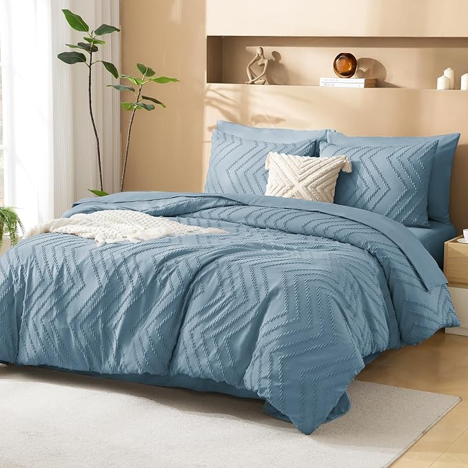 Litanika Oversized King Size Comforter Set with Sheets Grey Blue - 7 Pieces Bed in a Bag Oversized King Boho Tufted Complete Bedding Sets with Comforter, Sheets, Pillowcases & Shams