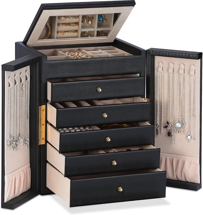 Dajasan Large Jewelry Organizer Box with 5 Drawers, Jewelry Box for Women, 6-Tier Jewelry Storage Organizer with Mirror for Necklace Ring Bracelet Watch, Gift Idea (Black) by DAJASAN