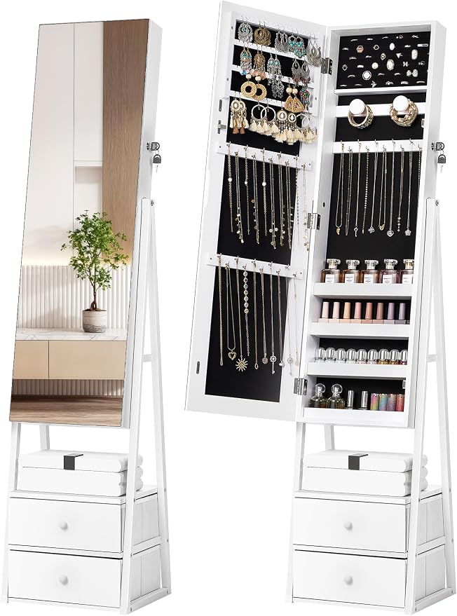 Nicetree Jewelry Cabinet Armoire with 2 Drawers, Lockable Standing Mirror Jewelry Cabinet, Full Length Mirror with Jewelry Storage, Gift Idea, White by Nicetree