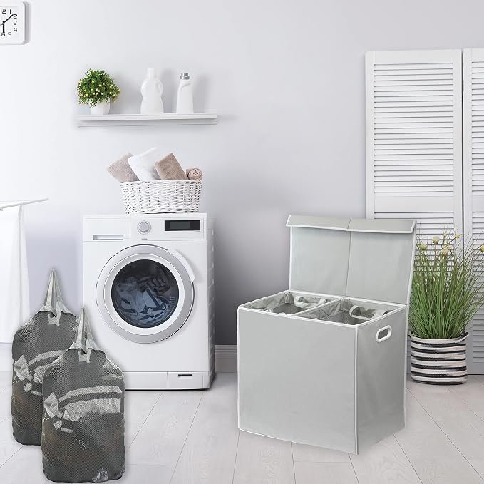 Simple Houseware Double Laundry Hamper with Lid and Removable Bags, Grey - Image 2