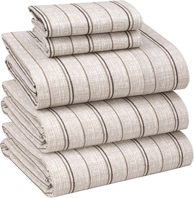 RUVANTI 100% Cotton Sheets – Split King Size Percale Bedding, Cooling & Breathable Floral Design, Durable with a Crisp, Soft & Comfortable Feel, 16" Deep Pocket, 5-Piece Set, Brown Stripes