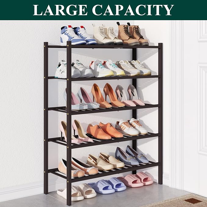 Smiry Bamboo Shoe Rack for Closet, 5 Tier Wooden Stackable Shoe Organizer, Free Standing Shoes Storage Shelf for Entryway, Front Door Entrance, Brown - Image 5