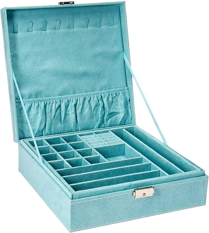 Two-Layer lint Jewelry Box Organizer Display Storage case with Lock (Blue) by KLOUDCity