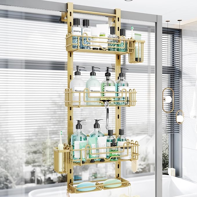 HapiRm Hanging Shower Caddy Organizer - Shower Shelf with 22 Hooks and 2 Toothbrush Holders, No Drilling Adjustable Hanging Bathroom Organizer - Gold by HapiRm