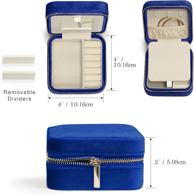 BLUTETE Travel Jewelry Box Organizer Velvet Travel Case With Mirror Ring Earrings Necklaces Storage Organizer Box (Midnight Blue) - Image 2