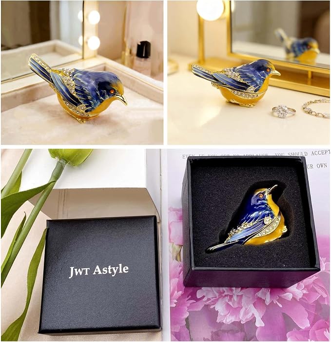 Starling Bird Trinket Boxes Hinged with Crystals Enameled Jewelry Box.Bird Lover Gifts for Women.Necklace Ring Box Earrings Storage.Collectible Bird Figurines Home Decor -Blue Yellow. - Image 5