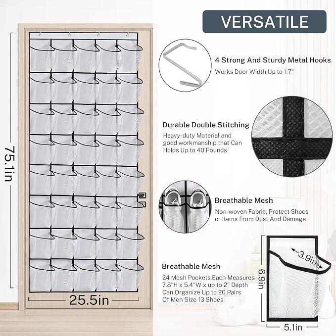 40-Pocket Over the Door Shoe Organizer - Large Mesh Pocket Hanging Shoe Rack for Door, Shoes Storage Holder Sturdy Non-woven Fabric - Stores 20 Pairs (White02) - Image 3