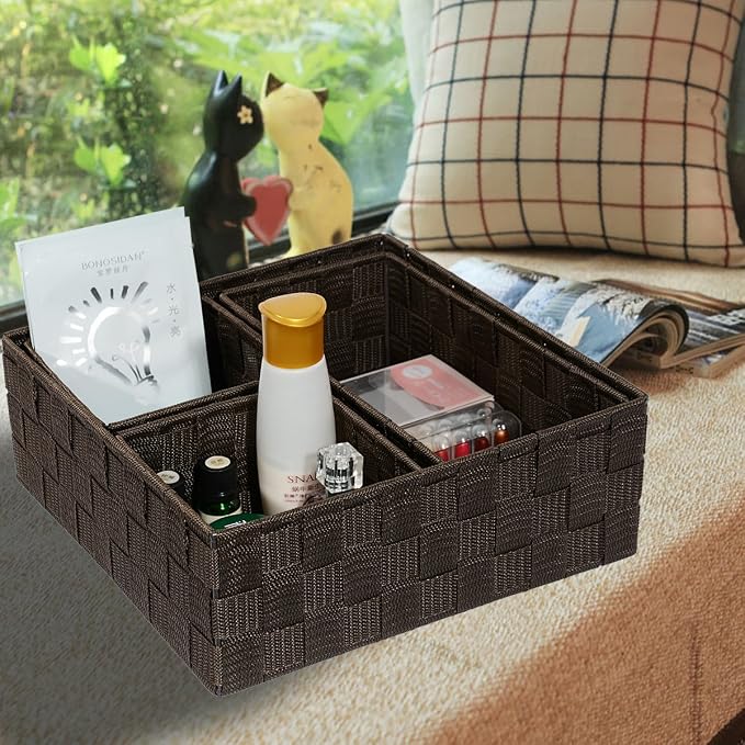 Posprica Woven Storage Baskets for Organizing, Small Baskets Cube Bin Container Tote Organizer Divider for Drawer, Closet, Shelf, Dresser, Set of 4(Brown) - Image 2