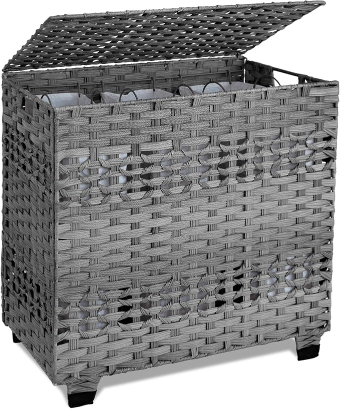 OIAHOMY Laundry Hamper with Lid, 140L Clothes Hamper with 3 Removable Liner Bags, Foldable Basket with Lid, Synthetic Wicker Laundry Basket for Bedroom, 27x 13 x 26 Inches, Grey by MasterofSpaceOptimization