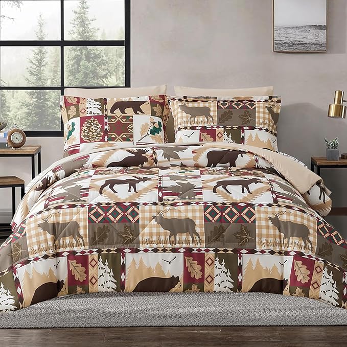 Comforter Set King Size Plaid Patchwork Comforter Bedding-7 Piece Bed in a Bag,Soft Reversible Bear Moose Microfiber Bedding Set(1 Comforter,1 Flat Sheet,1 Fitted Sheet,2 Pillowcases,2 Pillow Shams)