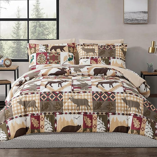 Comforter Set Queen Size Plaid Patchwork Comforter Bedding-7 Piece Bed in a Bag,Soft Reversible Bear Moose Microfiber Bedding Set(1 Comforter,1 Flat Sheet,1 Fitted Sheet,2 Pillowcases,2 Pillow Shams)