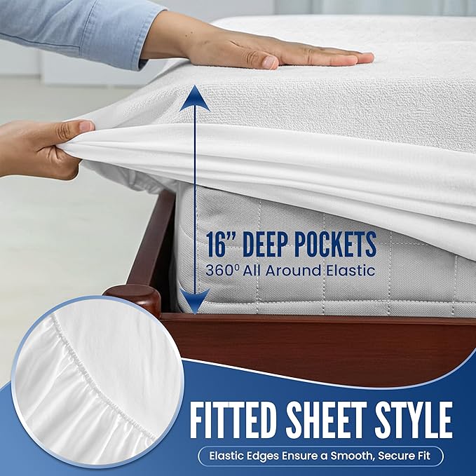 LUX Décor 100% Waterproof Terry King Mattress Protector – Soft, Noiseless Terry Cloth Top, Absorbent Breathable Mattress Cover, 16 inches Fitted Deep Pocket