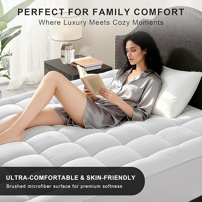 Full Size Mattress Topper Cooling Cotton Pillow Top -Ultra Soft Mattress Pad & Supportive Protector, Breathable Pillow Top Mattress Cover Fitted Deep Pocket 8-21 Inch
