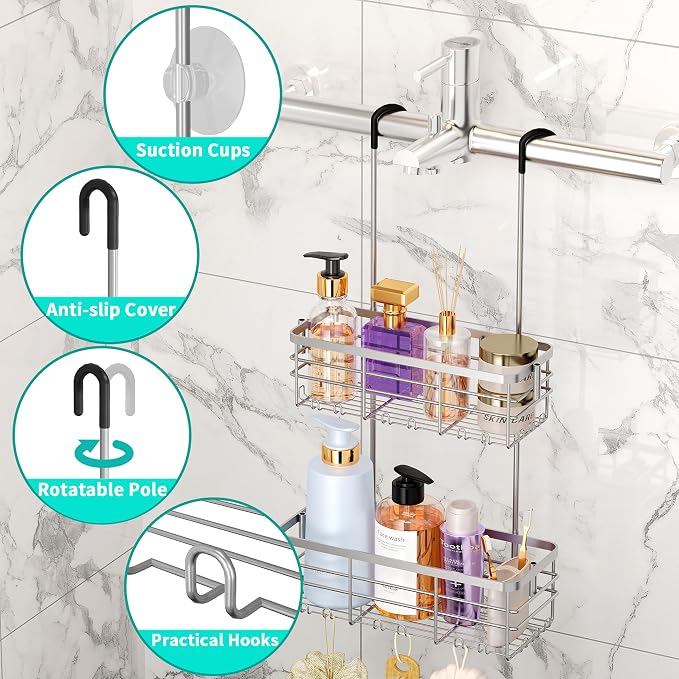 HapiRm Hanging Shower Caddy Organizer - No Drilling Shower Organizer with Hooks, Rustproof & Waterproof 304 Stainless Steel Bathroom Shelves - Silver - Image 2