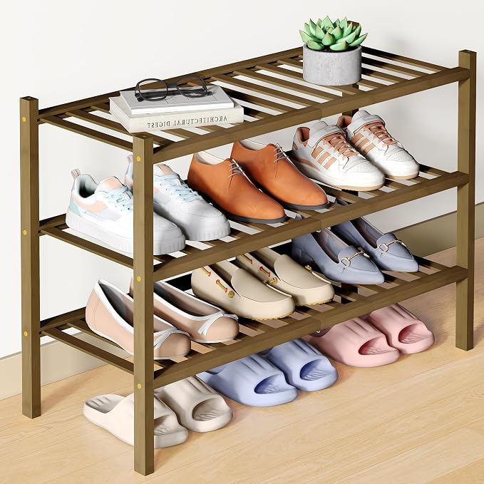 Smiry Bamboo Shoe Rack for Closet, 3 Tier Wooden Stackable Shoe Organizer, Free Standing Shoes Storage Shelf for Entryway, Front Door Entrance, Walnut by Smiry