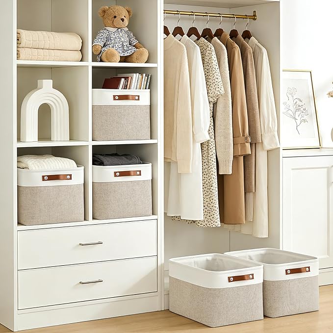 Bagnizer Storage Bins Large Fabric Storage Baskets for Shelves 3 Pack, Decorative Linen Closet Baskets with Handles for Organizing, Shelf, Clothes, Home, Office, 15x11x9.5Inches (Beige&White) - Image 2