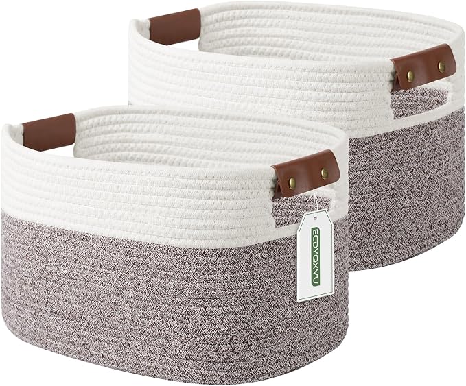 ECDYQXVU Cotton Rope Basket, Storage Baskets with Handle, 15x10x9 Inch Woven Basket for Shelves, Laundry, Towels, Clothes, Books (White Brown 2 Pack) by ECDYQXVU