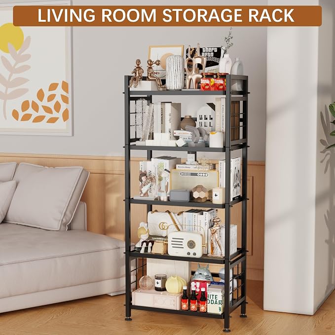 GIOTORENT 5-Tier Kitchen Storage with Wooden Boards, Heavy Duty Storage Shelves & Bookshelf, Adjustable Metal Shelving Unit for Garage Kitchen Bathroom Laundry Organizer, 750LB Capacity, Black - Image 6