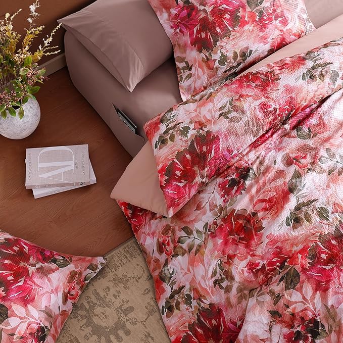 CASAAGUSTO Full Comforter Set, 7 PCS Red Rose Floral Comforter Set with Flowers Leaves Pattern, Soft Seersucker Design All Season Full Size Bedding Set(80"X90")