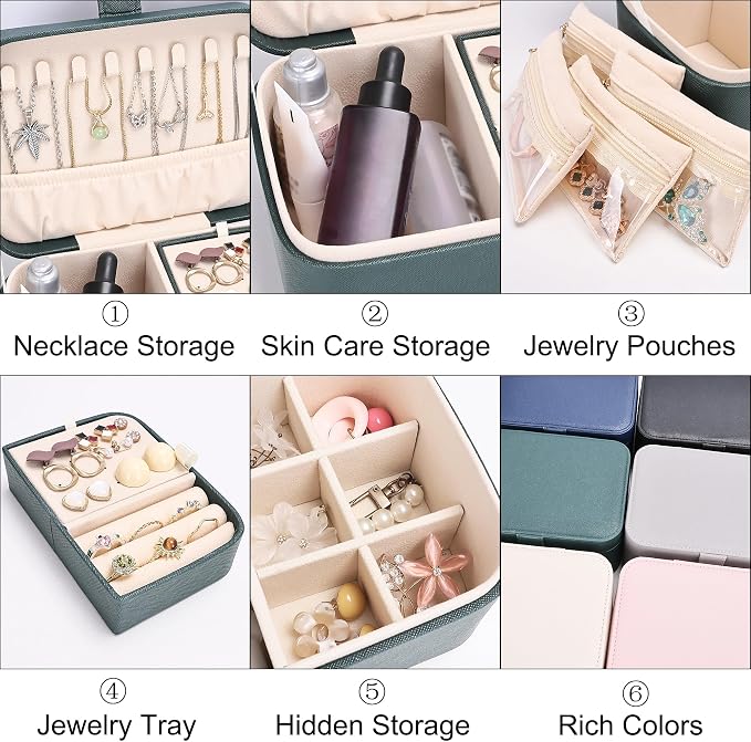 2 Layer Large Jewelry Travel Case with 4 Jewelry Pouches, PU Leather Portable Jewelry Storage Box, Medium Size Jewelry Organizer Box for Earrings, Necklaces, Bracelets (dark green) - Image 3