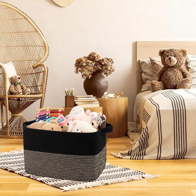 OIAHOMY Woven Storage Basket for Shelves, Rectangle Cotton Rope Baskets for Organizing, 16 x 12 x 10 in, Storage Bins for Dog Toys,Towel,Books,Gift,Black and Brown - Image 3