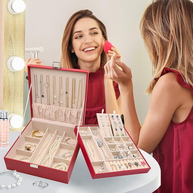 ProCase Jewelry Box for Women, 2 Layers Large Leather Jewelry Organizer Storage Case with Removable Pad for Earrings -Red - Image 6