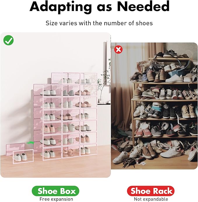 Foluck Shoe Storage Box, 15 Pack Clear Plastic Stackable Shoe Organizer for Closet, Interlocking Design Shoe Container Bins for Sneakers, Foldable Shoe Rack with Lids, Pink - Image 4