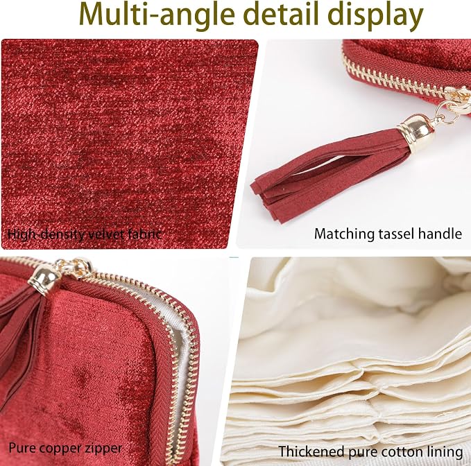 ASINGYER Travel Jewelry Storage Bag for Women, Velvet Portable Jewelry Organizer with Tassel Zipper, Small Pouches for Bracelets Necklaces Rings Earrings, Wedding Gift for Women (Wine red) - Image 5