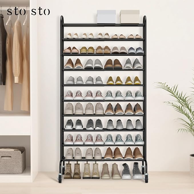 STO STO Expandable Shoe Rack, 10-Tier Metal Tall Shoe Rack for Garage, Up to 44 Pairs Adjustable Shoe Rack Storage for Front Door Entrance, Free Standing Shoe Rack Organizer for Entryway, Black - Image 2