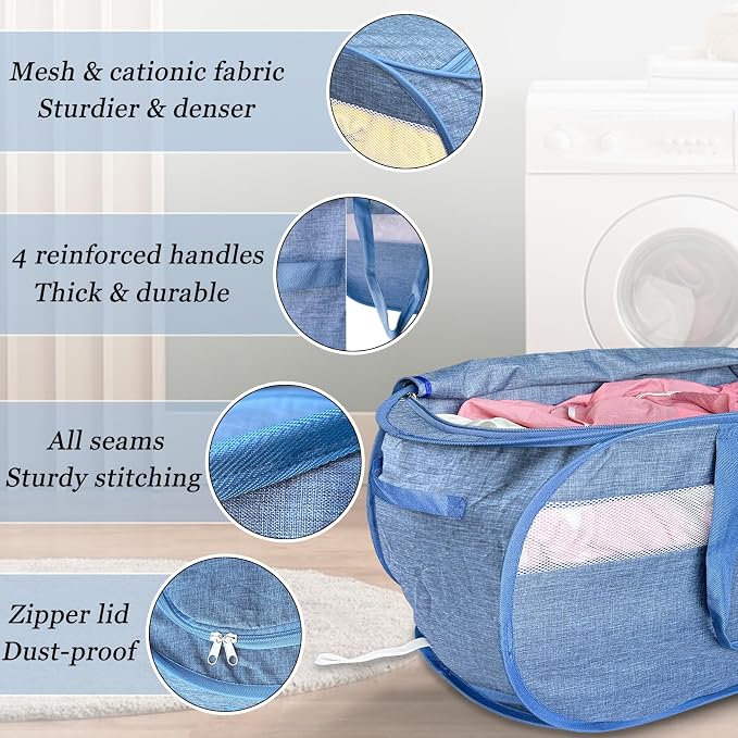 Upgraded 100L Extra Large Mesh Pop Up Laundry Hamper with Lid and Handles. XL Closet Storage Bins, Dirty Clothes Basket for Dorm Home, Foldable Laundry Basket. Blue. H - Image 5