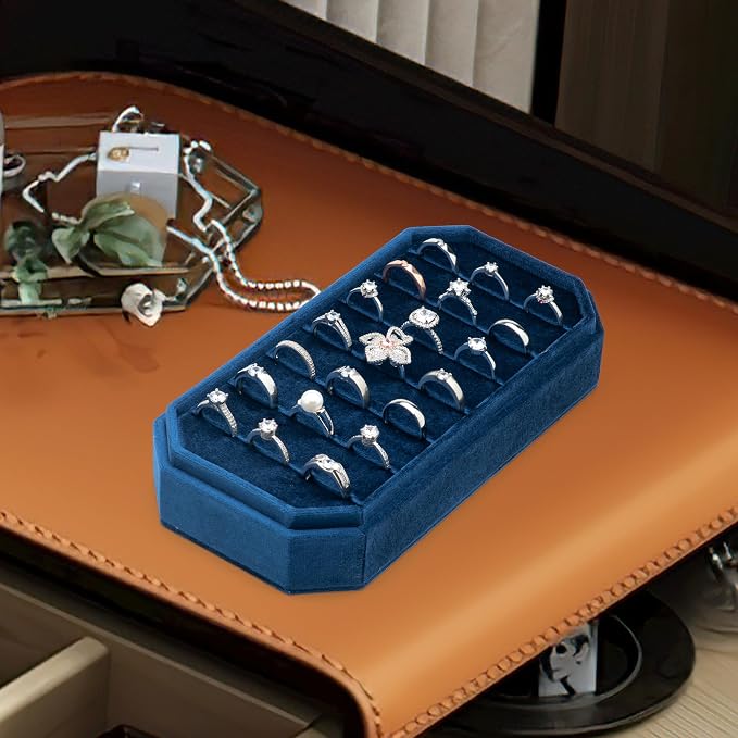 Velvet Ring Organizer Display Tray Jewelry Box Earring Holder Case for Wedding Birthday Christmas Day (Dark Blue) - Image 6