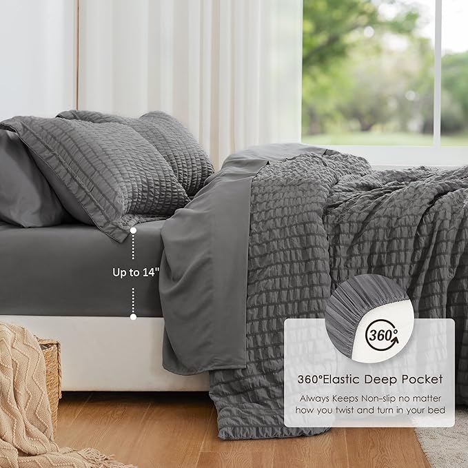 Love's cabin Seersucker Dark Grey California King Comforter Set, 7 Pieces California King Bed in a Bag, All Season Bedding Sets with Comforter, Flat Sheet, Fitted Sheet, Pillowcase and Pillow Sham | Soft, Breathable, Lightweight