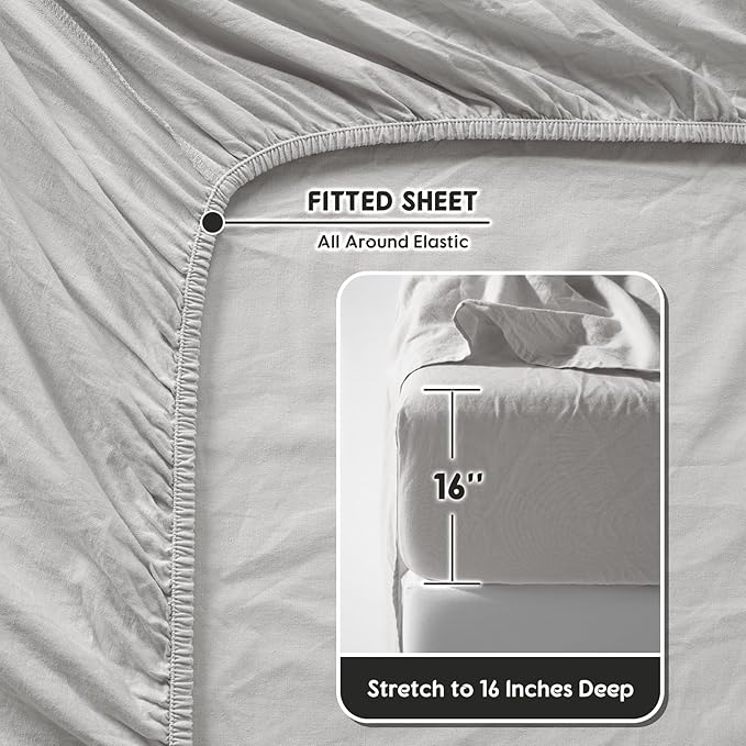 SONORO KATE 100% French Pure Linen Sheets, Breathable and Durable Linen Full Size Sheets, Anti-Tear Linen Bed Sheets, Machine Washable, 16 Inch Deep Pocket - 4 Piece (Grey, Full)