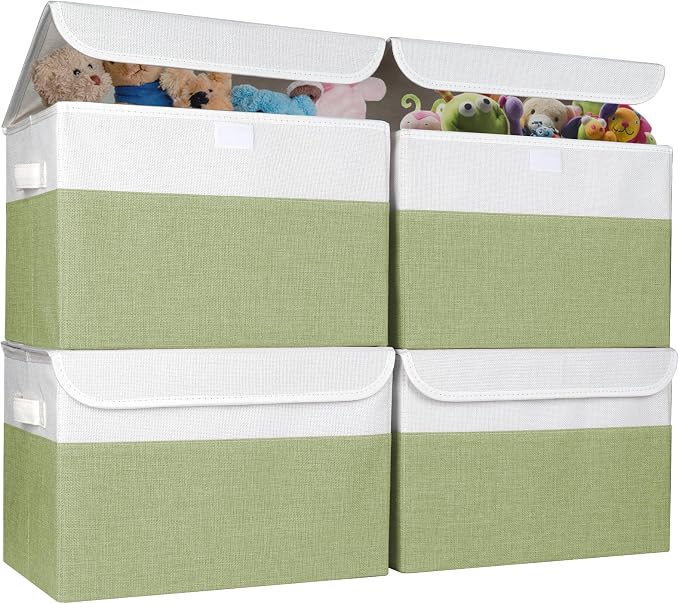 Bagnizer Large 22 Quart Linen Fabric Foldable Storage Bin Cube Organizer Basket with Flip-Top Lid & Handles, Clothes Blanket Box for Home, Office, Closet, Green & White, 4 Pack 14.6 x 9.5 x 9.5 by Bagnizer