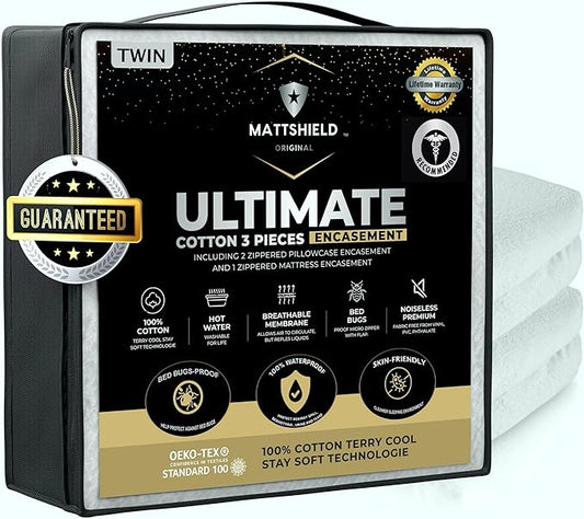 MATTSHIELD Ultimate 3-Piece Kit - Bed Bug-Proof Mattress Cover Twin Size 100% Cotton Top + 2 Pillow Protectors with Zipper - 6 Sided Waterproof Encasement, Total Defense Kit