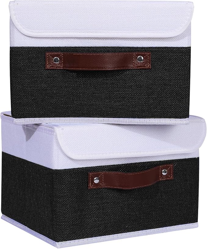 ANMINY 4PCS Storage Boxes with Lid Washable Decorative Storage Bins Basket with PU Leather Handle Foldable Linen Fabric Storage Cubes Containers for Home Closet Organizer - Black White, Small Size - Image 2