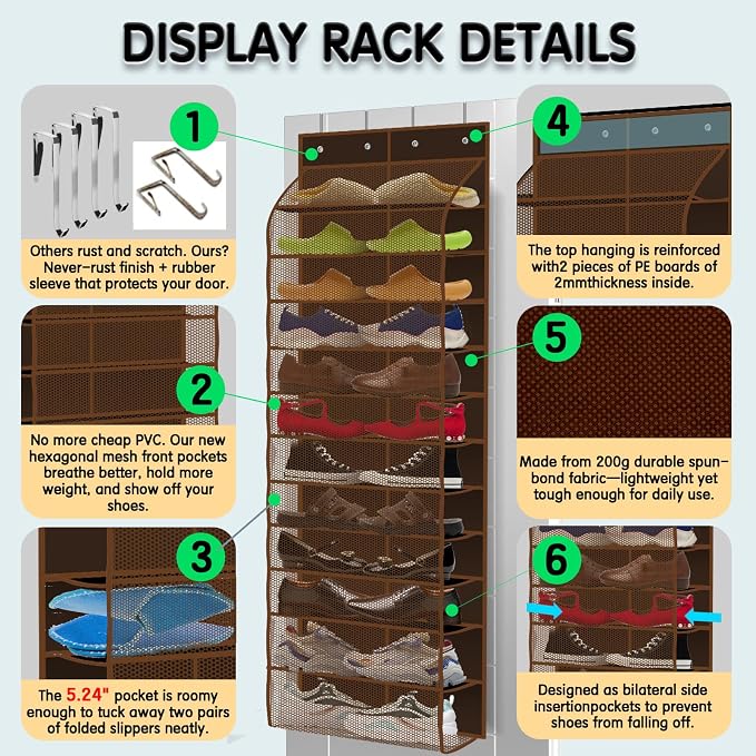 Kotkn Over The Door Shoe Organizer with 12 Large Breathable Pockets - Durable Hanging Storage for the Entire Family's Shoes (Espresso) - Image 3