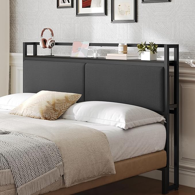 YATINEY Headboard with Charging Station, Queen Size Headboard Only, Upholstered Queen Head Board with Open Storage, Height Adjustable, Vintage Style, Sturdy and Stable, Black