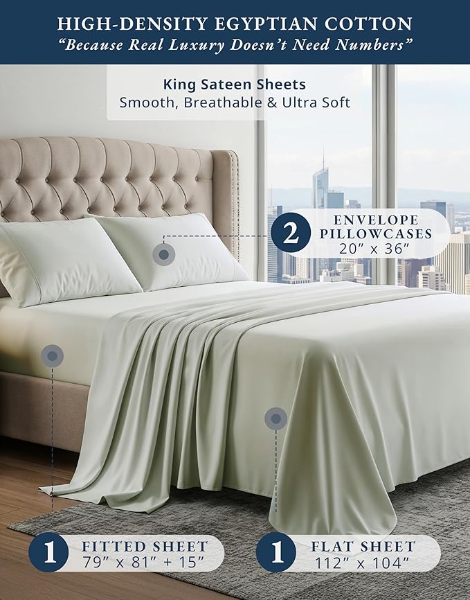 100% Egyptian Cotton King Size Sheets Set – Silky Sateen Weave for Winter Sleep Comfort, Buttery Soft & Durable Christmas Sheets King Size, Snug Fit 15" Deep Pocket, Hotel Comfort at Home - Mineral
