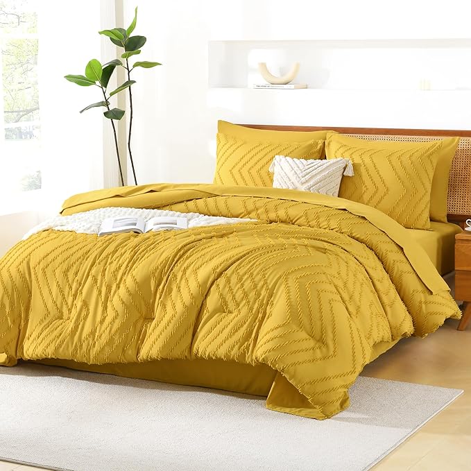 Litanika California King Size Comforter Set with Sheets Mustard Yellow - 7 Pieces Bed in a Bag Cal King Chevron Tufted Complete Bedding Sets with Comforter, Sheets, Pillowcases & Shams
