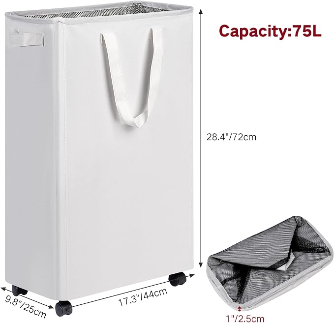 efluky Slim Laundry Hamper with Wheels, Rolling Laundry Basket for Clothes, Small Laundry Basket for Bedroom, Dorm and Laundry Room, 75L (19.8 Gallons) White - Image 5