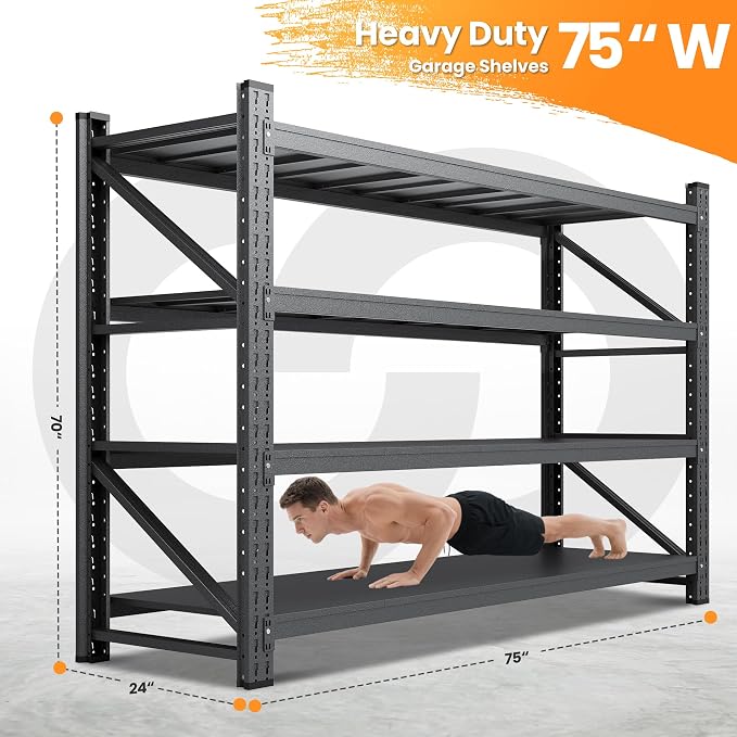 75”W Heavy Duty Metal Storage Shelves, 9000LBS Metal Garage Shelving Units, 24”Deep Rack Shelf, 4 Tier Steel Industrial Shelving , Adjustable Standing Shelf for Warehouse/Basement 75"W x 24"D x 70"H - Image 2