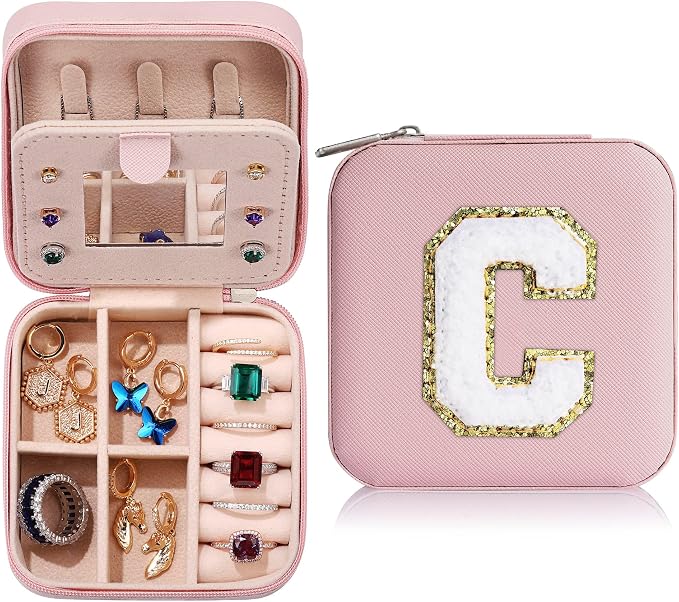 Parima Preppy Travel Jewelry Box - Personalized Trendy Letter Jewelry Organizer Box for Girls, Travel Gifts for Teen Girls Trendy Stuff | Graduation Gifts for Girls Fashion - Letter C, Pink by PARIMA