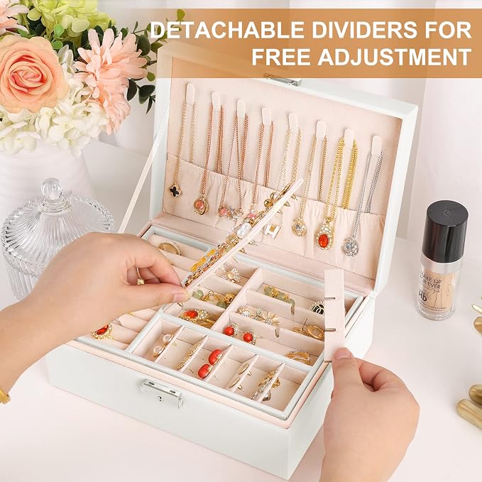 Jewelry Box Organizer for Women Girls 2 Layer Leather Travel Jewelry Storage Case with Lock and Removable Tray for Necklace Earrings Rings Bracelets Gift, Come with Polishing Cloth and Jewelry Bags - Image 3